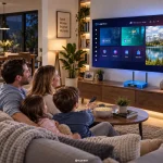 Family watching entertainment on TV with SuperBox S8 Plus