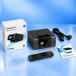 SuperBox P7 Pro Projector package with retail box, remote and accessories
