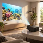 SuperBox P7 Pro Projector projecting in a bright living room