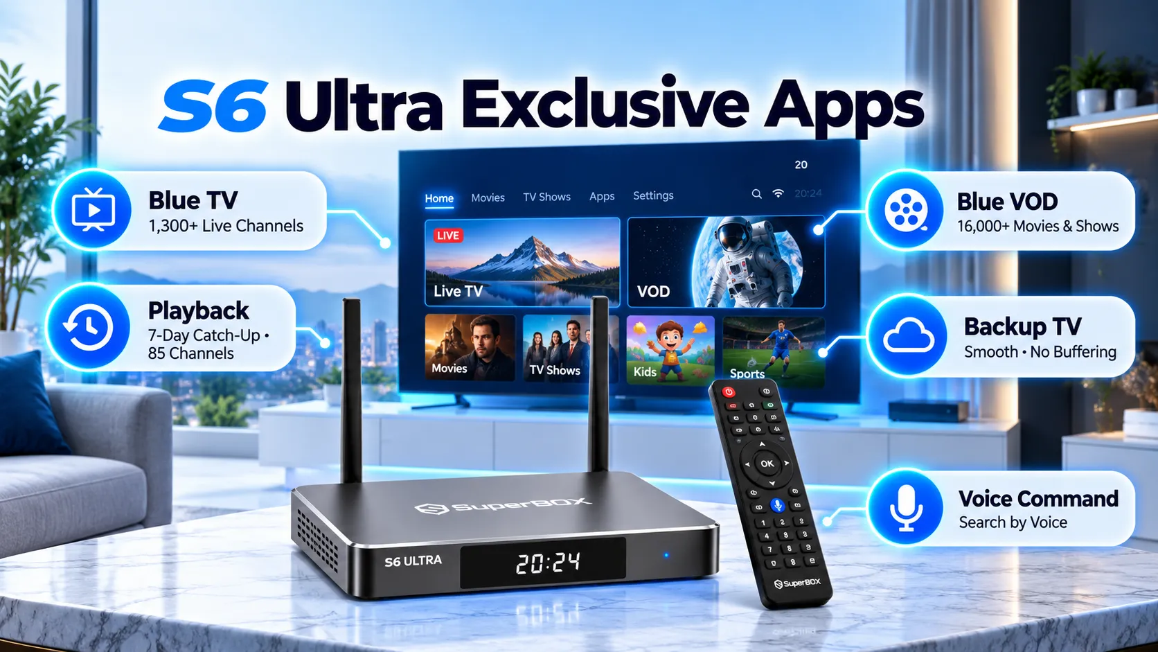 SuperBox S6 Ultra Blue TV, Blue VOD, and entertainment apps SuperBox S6 Ultra Blue TV, Blue VOD, and entertainment apps