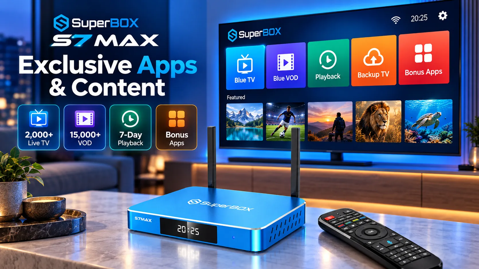 SuperBox S7 Max Blue TV, Blue VOD, and entertainment apps SuperBox S7 Max Blue TV, Blue VOD, and entertainment apps