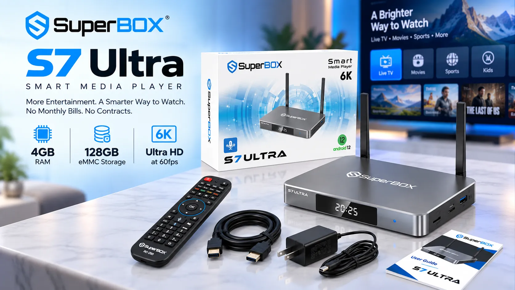 SuperBox S7 Ultra with retail box, accessories, and key specifications SuperBox S7 Ultra with retail box, accessories, and key specifications