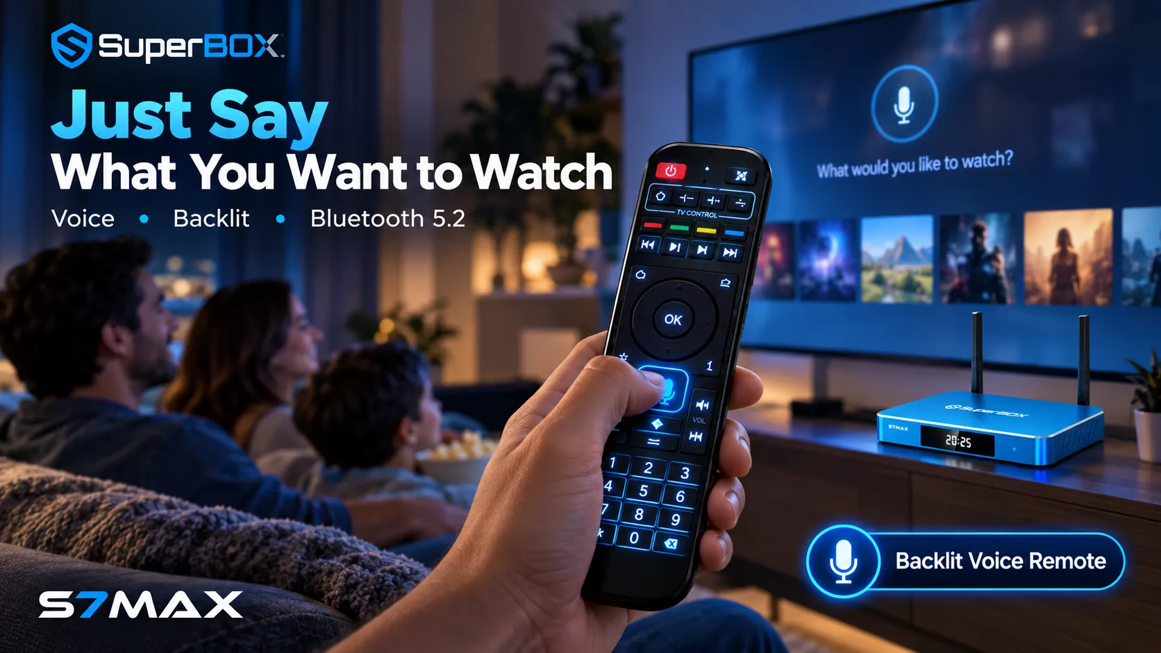 SuperBox S7 Max backlit remote with Google Assistant voice control SuperBox S7 Max backlit remote with Google Assistant voice control